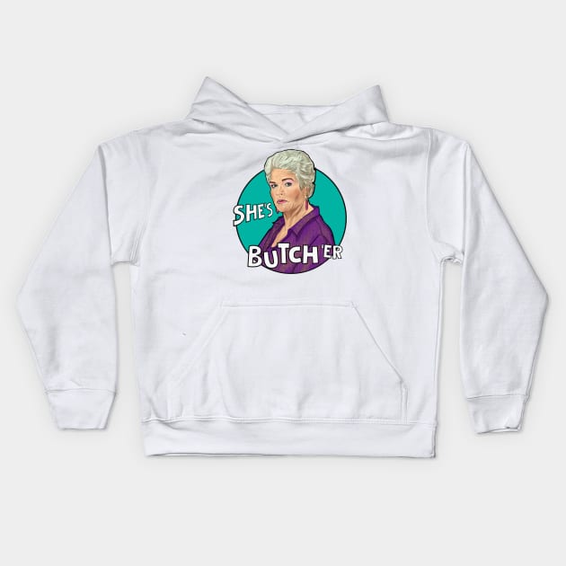 Pat Butcher- she's butch 'er Kids Hoodie by Camp David